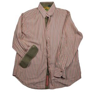 Robert Graham Orange Gray Stiped Men's Dress Shirt Med. Contrasting Cuff & Trim